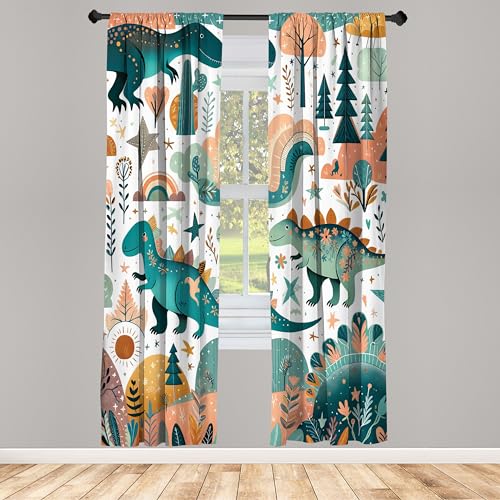 ABAKUHAUS Dinosaurier Fenstervorhänge, Jurassic Tier Szene Blatt, Leichtes Dekor-2-Panel-Set mit Stangentasche, 2 Stück 150 cm x 225 cm, Petrolblau Teal Lachs von ABAKUHAUS