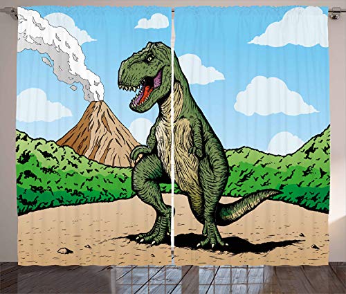 ABAKUHAUS Dinosaurier Rustikaler Gardine, T-Rex Aktiver Vulkan, Schlafzimmer Kräuselband Vorhang mit Schlaufen und Haken, 280 x 225 cm, Hellbraun Hellblau von ABAKUHAUS