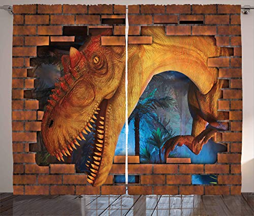 ABAKUHAUS Dinosaurier Rustikaler Vorhang, Dino Breaks Ziegelmauer, Wohnzimmer Universalband Gardinen mit Schlaufen und Haken, 280 x 225 cm, Orange Aqua von ABAKUHAUS