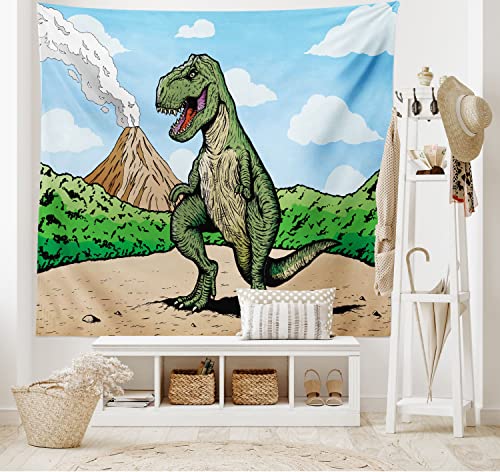 ABAKUHAUS Dinosaurier Wandteppich, T-Rex Aktiver Vulkan aus Weiches Mikrofaser Stoff Waschbar ohne Verblassen Digitaldruck, 150 x 110 cm, Hellbraun Hellblau von ABAKUHAUS