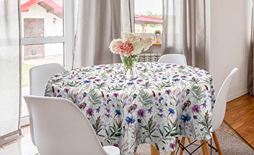 ABAKUHAUS Distel Runde Tischdecke, Aquarell-Wildblumen, Kreis Tischdecke Abdeckung für Esszimmer Küche Dekoration, 150 cm, Lila Reseda Grün von ABAKUHAUS