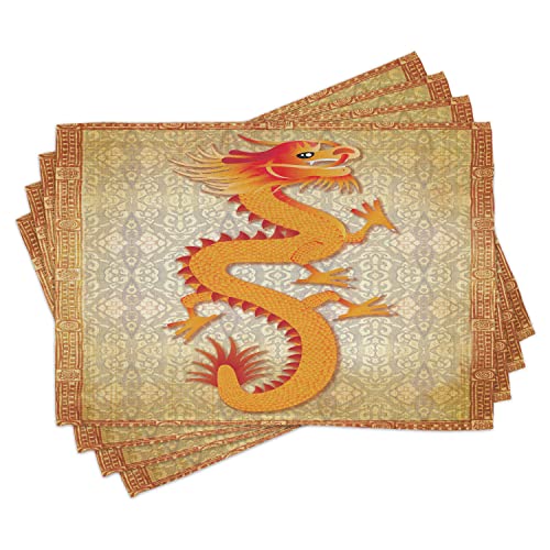 ABAKUHAUS Drachen Platzmatten, Chinese Folk-Elemente, Waschbare Stoff Esszimmer Küche Tischdekorations Digitaldruck, Aprikose Orange von ABAKUHAUS