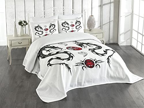 ABAKUHAUS Drachen Tagesdecke Set, Tribal Tattoo Asiatisch, Set mit Kissenbezügen Sommerdecke, für Doppelbetten 264 x 220 cm, Weiß Schwarz Rot von ABAKUHAUS