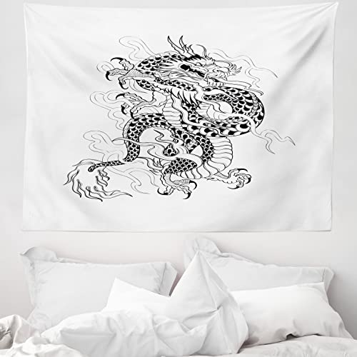 ABAKUHAUS Drachen Wandteppich, Sketch Art Monster aus Weiches Mikrofaser Stoff Waschbar ohne Verblassen Digitaldruck, 150 x 110 cm, Schwarz Weiß von ABAKUHAUS