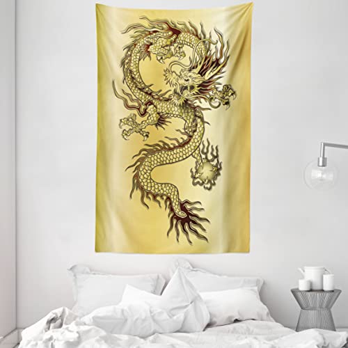 ABAKUHAUS Drachen Wandteppich und Tagesdecke, Ostchinesischen Myth aus Weiches Mikrofaser Stoff Waschbar ohne Verblassen Digitaldruck, 140 x 230 cm, Senf und Schwarz von ABAKUHAUS