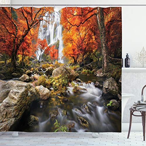 ABAKUHAUS Urwald Duschvorhang, Herbst Fluss Bach auf Felsen, Stoffliches Gewebe Badezimmerdekorationsset mit Haken, 175 x 200 cm, Orange Braun von ABAKUHAUS