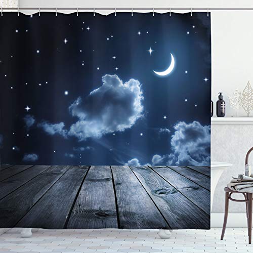 ABAKUHAUS Nacht Duschvorhang, Vivid Night Sky Holz, Stoffliches Gewebe Badezimmerdekorationsset mit Haken, 175 x 200 cm, Dunkelblau Weiß von ABAKUHAUS