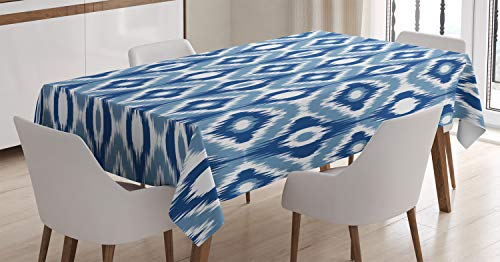 ABAKUHAUS Dunkelblau Tischdecke, Ikat Motif Ethnische, Inn und Outdoor Bereich geeignet Waschbar Druck Klare Farben Kein Verblassen, 140 x 240 cm, Dunkelblau und Weiß von ABAKUHAUS