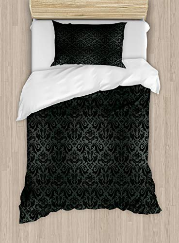 ABAKUHAUS Dunkelgrau Bettbezug Set Doppelbett, Schwarze Damast-Blumen, Kuscheligform Top Qualität 2 Teiligen Bettbezug mit 1 Kissenbezüge, 170 x 220 cm - 75 x 50 cm, Schwarzgrau von ABAKUHAUS