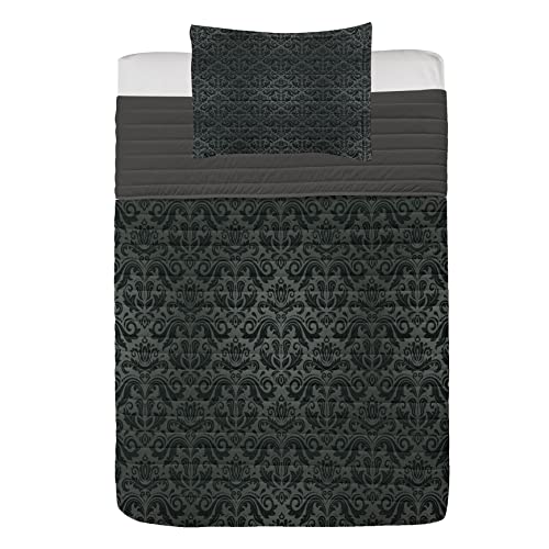 ABAKUHAUS Dunkelgrau Mikrofaser Tagesdecken Set, Schwarze Damast-Blumen, weiches Bettwäscheset mit Kissenbezügen und Steppdecke, 170 cm x 220 cm, Schwarzgrau von ABAKUHAUS