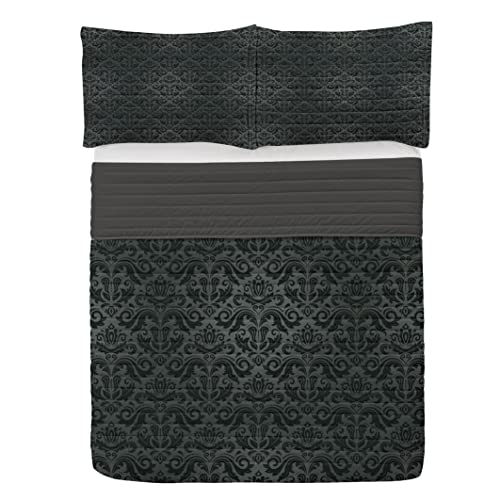 ABAKUHAUS Dunkelgrau Mikrofaser Tagesdecken Set, Schwarze Damast-Blumen, weiches Bettwäscheset mit Kissenbezügen und Steppdecke, 220 cm x 220 cm, Schwarzgrau von ABAKUHAUS