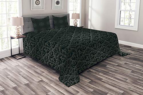 ABAKUHAUS Dunkelgrau Tagesdecke Set, Schwarze Damast-Blumen, Set mit Kissenbezügen Waschbar, für Doppelbetten 220 x 220 cm, Grau Schwarz von ABAKUHAUS