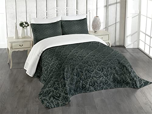 ABAKUHAUS Dunkelgrau Tagesdecke Set, Schwarze Damast-Blumen, Set mit Kissenbezügen Waschbar, für Doppelbetten 264 x 220 cm, Grau Schwarz von ABAKUHAUS