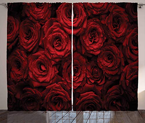 ABAKUHAUS Dunkelrot Rustikaler Gardine, Tropfen von Blooming Bouquet, Schlafzimmer Kräuselband Vorhang mit Schlaufen und Haken, 280 x 225 cm, Schwarz Rot von ABAKUHAUS