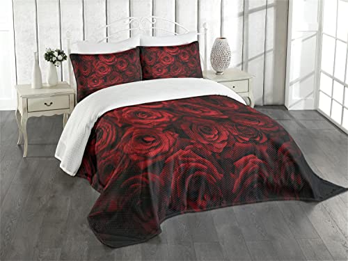 ABAKUHAUS Dunkelrot Tagesdecke Set, Tropfen von Blooming Bouquet, Set mit Kissenbezügen Waschbar, für Doppelbetten 264 x 220 cm, Rot Schwarz von ABAKUHAUS