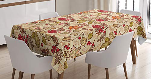 ABAKUHAUS Eberesche Tischdecke, Fall-Themed Mixed-Muster, Inn und Outdoor Bereich geeignet Waschbar Druck Klare Farben Kein Verblassen, 140 x 170 cm, Beige Grün Rot von ABAKUHAUS