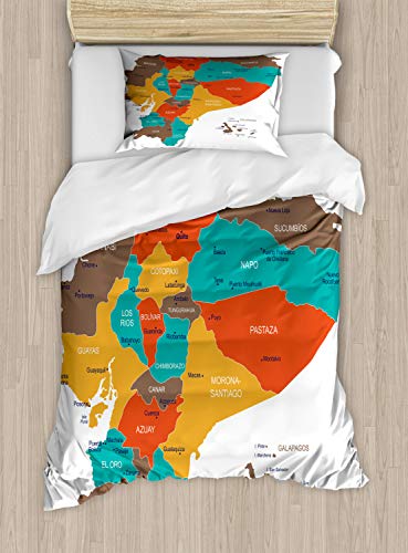 ABAKUHAUS Ecuador Bettbezug Set für Einzelbetten, Kartographie Detaillierte Karte, Milbensicher Allergiker geeignet mit Kissenbezug, 130 x 200 cm - 70 x 50 cm, Mehrfarbig von ABAKUHAUS