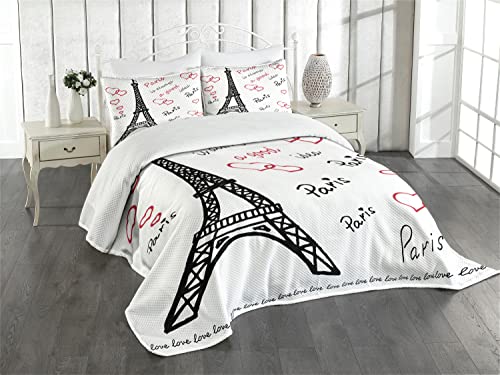 ABAKUHAUS Eiffelturm Tagesdecke Set, Eiffelturm Paris, Set mit Kissenbezug Moderne Designs, für Einzelbetten 170 x 220 cm, Weiß Schwarz Rot von ABAKUHAUS