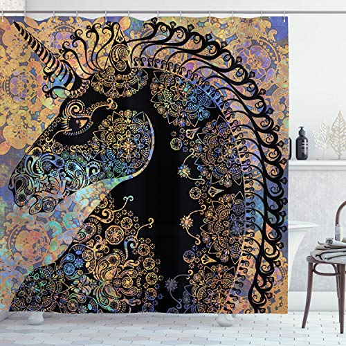 ABAKUHAUS Einhorn Duschvorhang, Mandala-Entwurf, Stoffliches Gewebe Badezimmerdekorationsset mit Haken, 175 x 200 cm, Schwarz lila von ABAKUHAUS