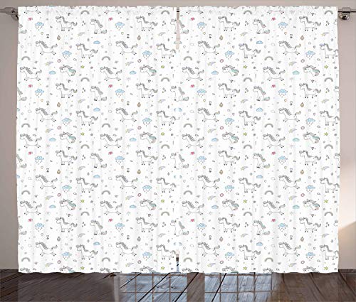 ABAKUHAUS Einhorn Rustikaler Gardine, Feenhaftes Tiermuster, Schlafzimmer Kräuselband Vorhang mit Schlaufen und Haken, 280 x 225 cm, Mehrfarbig von ABAKUHAUS