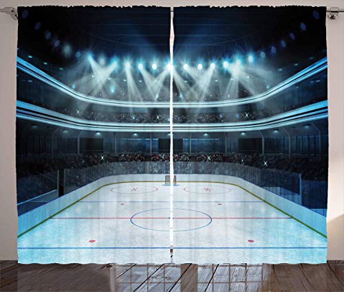 ABAKUHAUS Eishockey Rustikaler Vorhang, Sport Arena Foto Fans, Wohnzimmer Universalband Gardinen mit Schlaufen und Haken, 280 x 175 cm, Blau Weiß von ABAKUHAUS