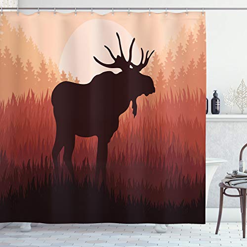 ABAKUHAUS Elch Duschvorhang, Wald Antlers Wilde Deer, Stoffliches Gewebe Badezimmerdekorationsset mit Haken, 175 x 200 cm, Pfirsich und Brown von ABAKUHAUS