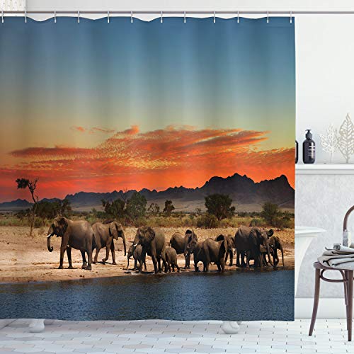 ABAKUHAUS Elefant Duschvorhang, Safari Wildlife, Stoffliches Gewebe Badezimmerdekorationsset mit Haken, 175 x 220 cm, Blassblau Orange Braun von ABAKUHAUS