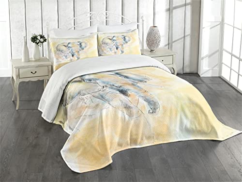 ABAKUHAUS Elefant Tagesdecke Set, Exotische Wildlife Safari, Set mit Kissenbezügen farbfester Digitaldruck, für Doppelbetten 220 x 220 cm, Creme Grau von ABAKUHAUS