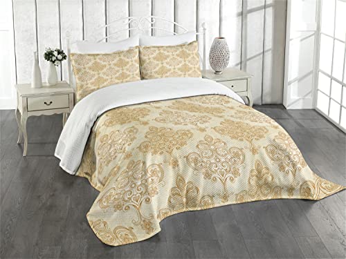 ABAKUHAUS Elfenbein Tagesdecke Set, Barock Curved Blumen, Set mit Kissenbezügen Romantischer Stil, für Doppelbetten 220 x 220 cm, Creme Hellbraun von ABAKUHAUS