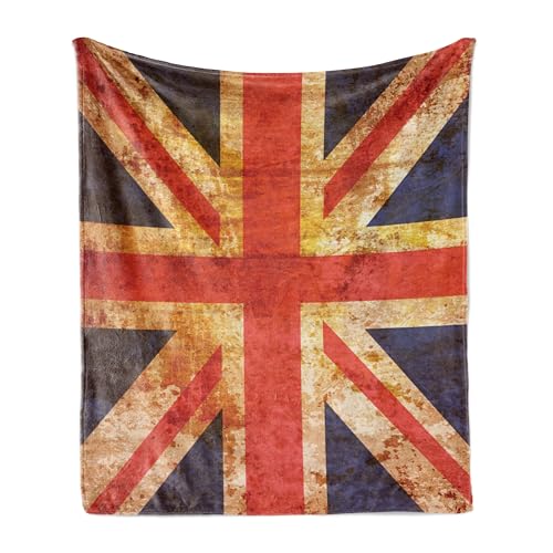 ABAKUHAUS England Weiche Kuscheldecke Sofadecke, Union Jack Motiv Grunge, Gemütlicher Plüsch für den Innen- und Außenbereich, 125 x 175 cm, Night Blue Vermilion von ABAKUHAUS