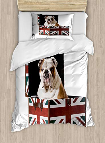 ABAKUHAUS Englische Bulldogge Bettbezugs Set für Einzelbetten, Patriotic Dog, Milbensicher Allergiker geeignet mit Kissenbezug, 130 x 200 cm, Mehrfarbig Rot von ABAKUHAUS