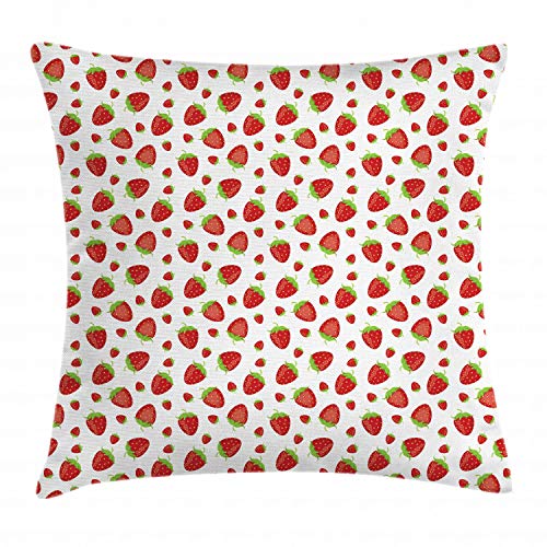 ABAKUHAUS Erdbeere Kissenbezug, Leckere Erdbeeren, Wasser und Schmutz resistent Stoff Digital Druck Für den Innen oder Außen Bereich, 40 x 40 cm, Lindgrün Zinnoberrot von ABAKUHAUS