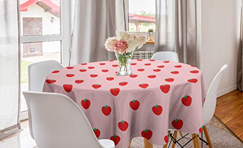 ABAKUHAUS Erdbeere Runde Tischdecke, Cartoon-Sommer-Früchte, Kreis Tischdecke Abdeckung für Esszimmer Küche Dekoration, 150 cm, Rose Dark Pink und Grün von ABAKUHAUS