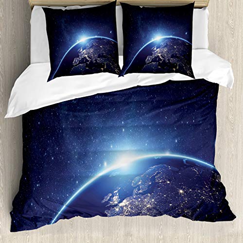 ABAKUHAUS Erde Bettbezug Set, Planet aus dem Weltraum, Milbensicher Allergiker geeignet mit Kissenbezügen, 155 cm x 200 cm - 80 x 80 cm, Dunkelblau von ABAKUHAUS