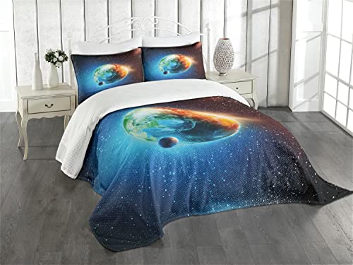 ABAKUHAUS Erde Tagesdecke Set, Galaxy-Raum spielt Astral, Set mit Kissenbezug Weicher Stoff, für Einzelbetten 170 x 220 cm, Orange blau schwarz von ABAKUHAUS