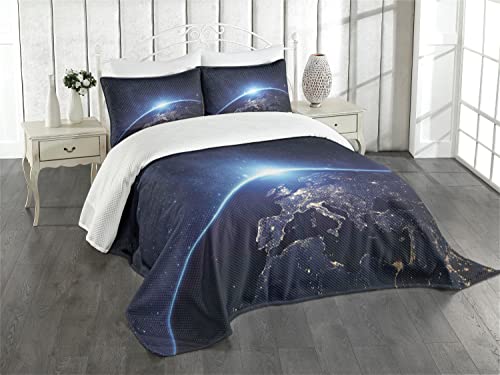 ABAKUHAUS Erde Tagesdecke Set, Planet aus dem Weltraum, Set mit Kissenbezügen Waschbar, für Einselbetten 170 x 220 cm, Dunkelblau von ABAKUHAUS