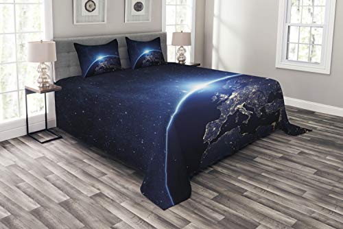 ABAKUHAUS Erde Tagesdecke Set, Planet aus dem Weltraum, Set mit Kissenbezügen Waschbar, für Doppelbetten 220 x 220 cm, Dunkelblau von ABAKUHAUS