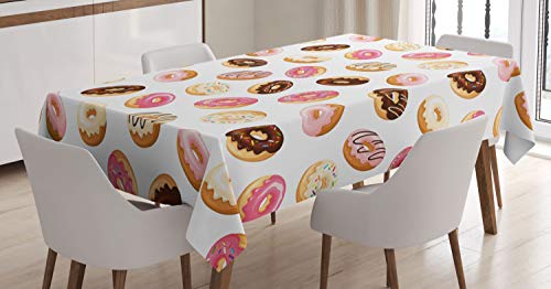 ABAKUHAUS Essen Tischdecke, Amerikanisches Dessert Donuts, Pflegeleicht Waschbar Schmutzabweisend und mit Klaren Farben Hochwertiger Druck, 140 x 200 cm, Weiß Braun Rosa von ABAKUHAUS