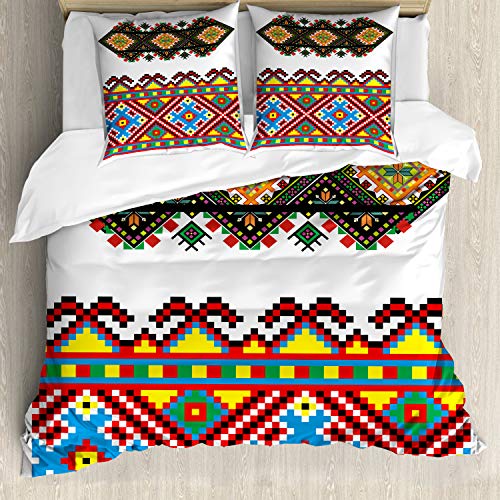 ABAKUHAUS Ethnisch Bettbezug Set, Retro ukrainische Verzierung, Milbensicher Allergiker geeignet mit Kissenbezügen, 155 cm x 200 cm - 80 x 80 cm, Mehrfarbig von ABAKUHAUS