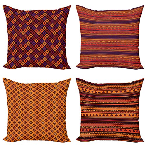 ABAKUHAUS Ethnisch Dekokissen Kissenbezug 4 er Pack, Tribal Folk Stripes Forms, Modern Accent Doppelseitiger Digitaldruck, 40 x 40 cm, Pflaume Orange von ABAKUHAUS