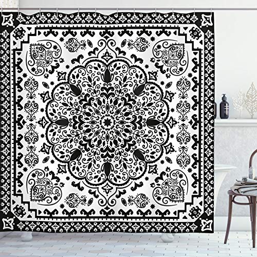 ABAKUHAUS Ethnisch Duschvorhang, Lace Paisley Schwarz Mehndi, Stoffliches Gewebe Badezimmerdekorationsset mit Haken, 175 x 200 cm, Charcoal Grau Weiß von ABAKUHAUS