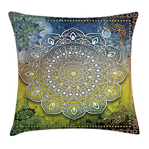 ABAKUHAUS Ethnisch Kissenbezug, Mandala Boho, Kissenbezug Beidseitiges Muster Klarer Digitaldruck Farbfest mit Reißverschluss, 40 x 40 cm, Grün Weiß von ABAKUHAUS