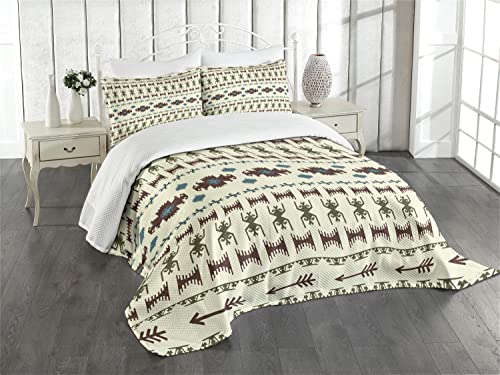 ABAKUHAUS Ethnisch Tagesdecke Set, Stammes-Azteken-Eingeborener, Set mit Kissenbezügen Sommerdecke, für Einzelbetten 170 x 220 cm, Beige und Braun von ABAKUHAUS