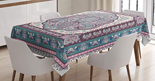 ABAKUHAUS Ethnisch Tischdecke, Paisley Oriental, Pflegeleicht mit Modernster Druck Technologie Waschbar und Personalisiert, 140 x 170 cm, Hellrosa Lila und Grün von ABAKUHAUS