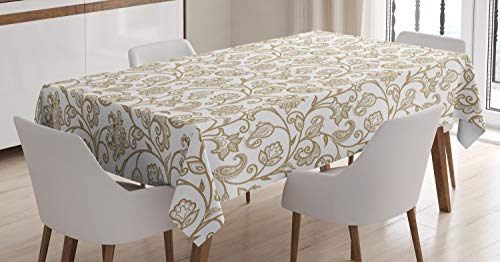 ABAKUHAUS Ethnisch Tischdecke, Floral Paisley-Motiv, Schmutzabweisend Pflegeleicht Waschbar Druck Mit Klaren Farben ohne Verblassen, 140 x 200 cm, Staub Kamel und Weiß von ABAKUHAUS