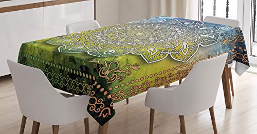 ABAKUHAUS Ethnisch Tischdecke, Mandala Boho, Schmutzabweisend Pflegeleicht Waschbar Druck Mit Klaren Farben ohne Verblassen, 140 x 170 cm, Grün Gelb Weiß von ABAKUHAUS