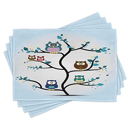 ABAKUHAUS Eule Platzmatten, Eulen-Familie thront auf einem Baum Love Grace Nachtaugentiere im Natur-Print, Tiscjdeco aus Farbfesten Stoff für das Esszimmer und Küch, Mehrfarbig von ABAKUHAUS