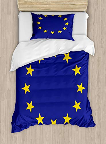 ABAKUHAUS Europa Bettbezugs Set für Einzelbetten, Einfache Europäische Union Flag, Milbensicher Allergiker geeignet mit Kissenbezug, 130 x 200 cm, Blau Gelb von ABAKUHAUS