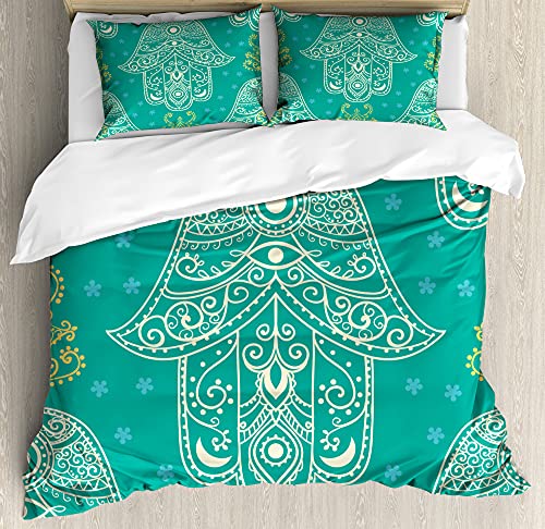 ABAKUHAUS Evil Eye Bettbezug Set für Einzelbetten, Gänseblümchen Hamsa Muster, Milbensicher Allergiker geeignet mit Kissenbezug, 130 x 200 cm - 70 x 50 cm, Gelb Weiß und Teal ABAKUHAUS Evil Eye Bettbezug Set für Einzelbetten, Gänseblümchen Hamsa Muster, Milbensicher Allergiker geeignet mit Kissenbezug, 130 x 200 cm - 70 x 50 cm, Gelb Weiß und Teal von ABAKUHAUS
