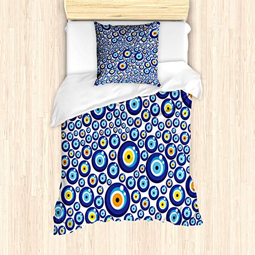 ABAKUHAUS Evil Eye Bettbezug Set für Einzelbetten, Turkish Traditional, Milbensicher Allergiker geeignet mit Kissenbezug, Blau Orange Gelb von ABAKUHAUS